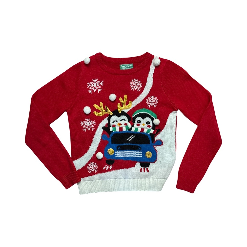Festive Red Christmas Sweater with Penguins - size 14/16